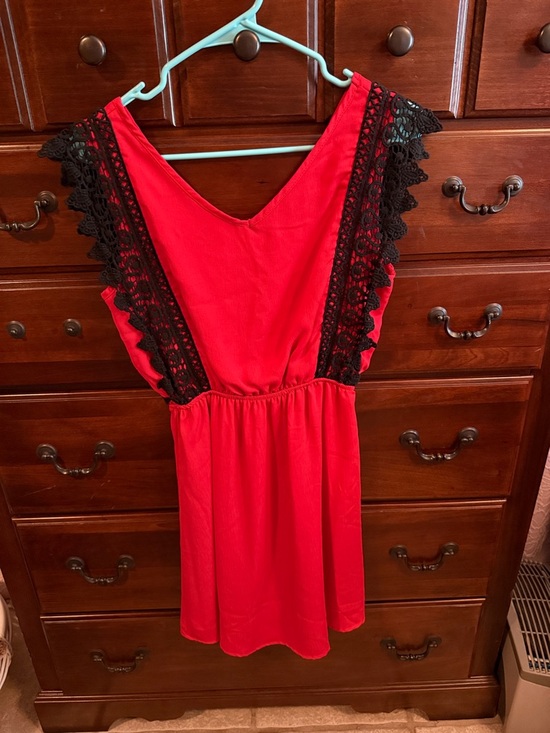 Peach Love California Dresses & Skirts - Red Dress with Black Lace Trim